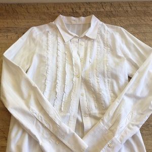 J. Crew White Tuxedo Ruffle Blouse